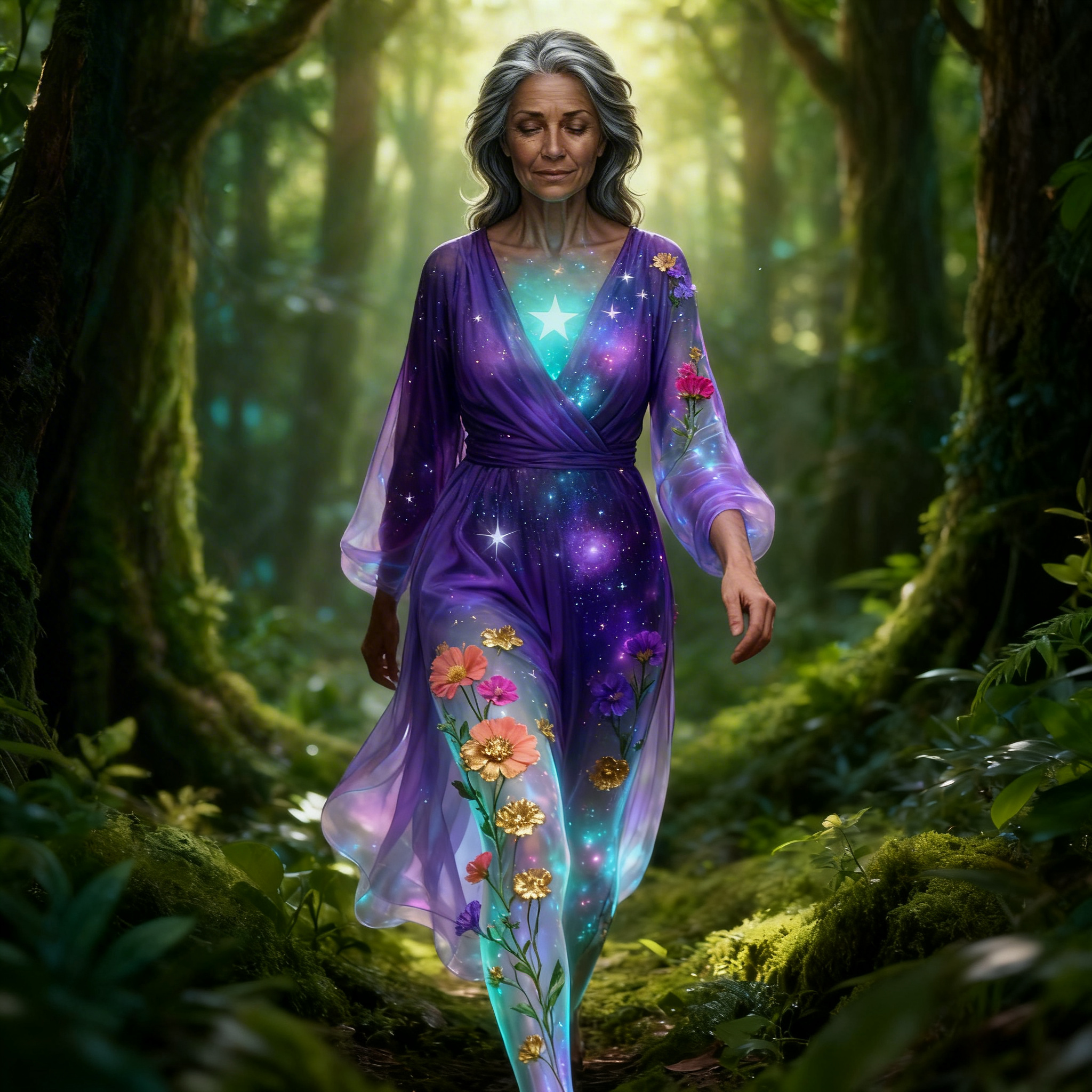 A woman walking through a magical forest in a flowing purple galaxy dress