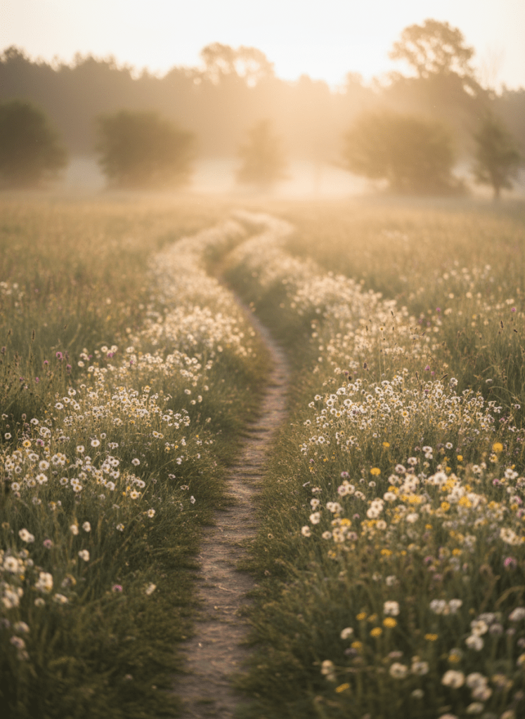 A soft, serene winding footpath through a sunlit meadow at golden hour, wildflowers along the edges, gentle warm light, dreamy ethereal atmosphere, muted earthy sage and cream tones, spiritual and calm mood