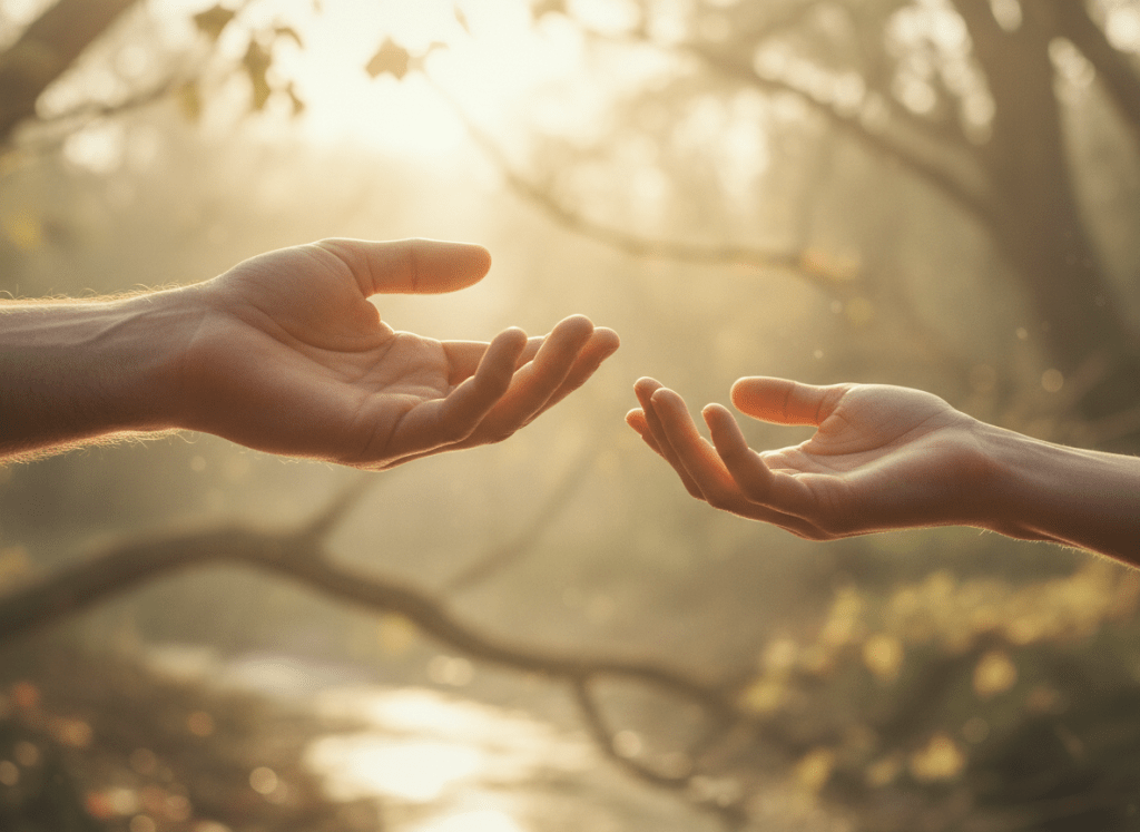 Two hands reaching gently toward each other in warm soft golden light, blurred natural background, tender compassionate spiritual mood, cream and warm earthy tones
