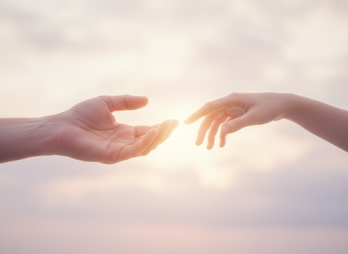 Two hands reaching gently toward each other in warm soft light