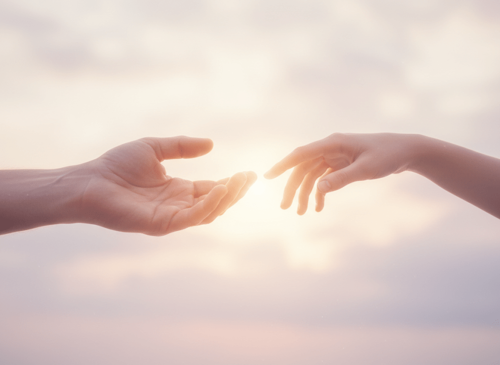 Two hands reaching gently toward each other in warm soft light, comforting and supportive, dreamy pastel cream and lavender tones, tender and hopeful mood
