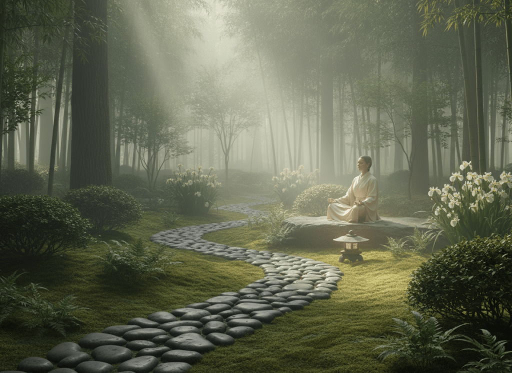 A peaceful meditation scene, a quiet stone path winding through a misty green garden at dawn, soft light beams, tranquil and spiritual, muted sage green and cream palette