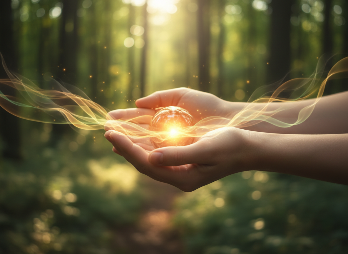 Gentle hands cupped holding a small glowing warm light, soft healing energy