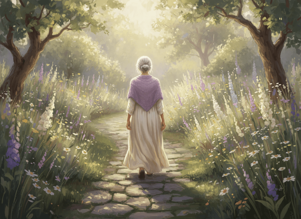A serene older woman walking a winding garden path at soft golden hour, seen from behind, surrounded by tall wildflowers and dappled light, dreamy ethereal atmosphere, warm cream and gentle purple tones, painterly and peaceful, spiritual mood