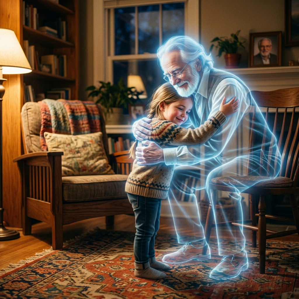 Young girl kneeling and reaching toward a glowing translucent elderly man sitting on a chair