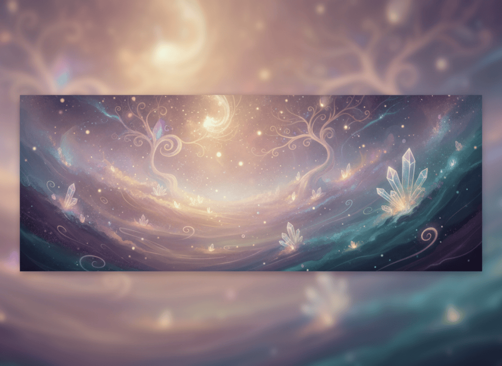 A serene, ethereal atmospheric background image in the style of a spiritual healing website hero — soft misty light, subtle cosmic or natural elements, warm purples, golds and teals, dreamy and peaceful. No people, suitable as a full-width page header background.